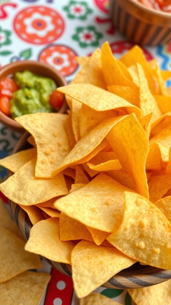 A bowl of crispy homemade tortilla chips with salsa and guacamole on a colorful table.